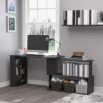 HOMCOM Black L-Shaped Desk 360° Rotating Home Office Corner Computer Desk with Storage - Image 2
