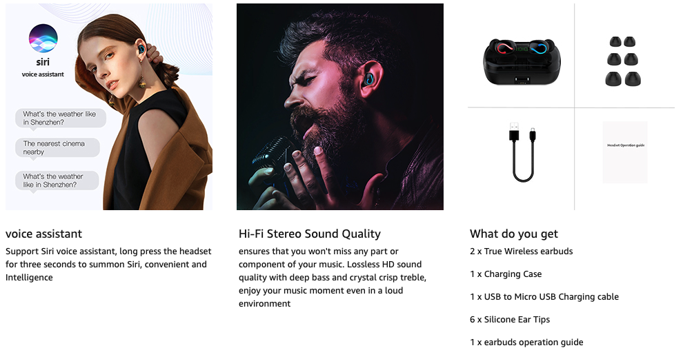 Bluetooth 5.0 TWS Wireless Earbuds with IPX7 Water Resistance