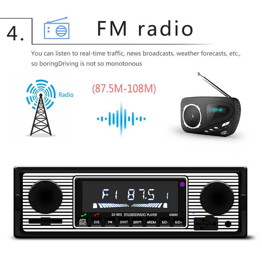 Bluetooth Vintage Style Car FM Radio MP3 Player with USB and AUX