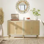 Bohemian Sideboard, 62.2" Buffet Cabinet with 4 Rattan Doors and Shelves for Living Room, Hallway, Natural - Image 2