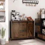 HOMCOM Buffet Kitchen Cabinet, Kitchen Sideboard Cabinet with Barn Doors, 3 Drawers and Adjustable Shelves for Living Room, Rustic Brown - Image 2