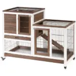 Bunny Hutch with Wheels Ramp Removable Tray, Solid Fir Wood Bunny Cage, Bunny Houses, Brown