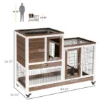 Bunny Hutch with Wheels Ramp Removable Tray, Solid Fir Wood Bunny Cage, Bunny Houses, Brown - Image 3