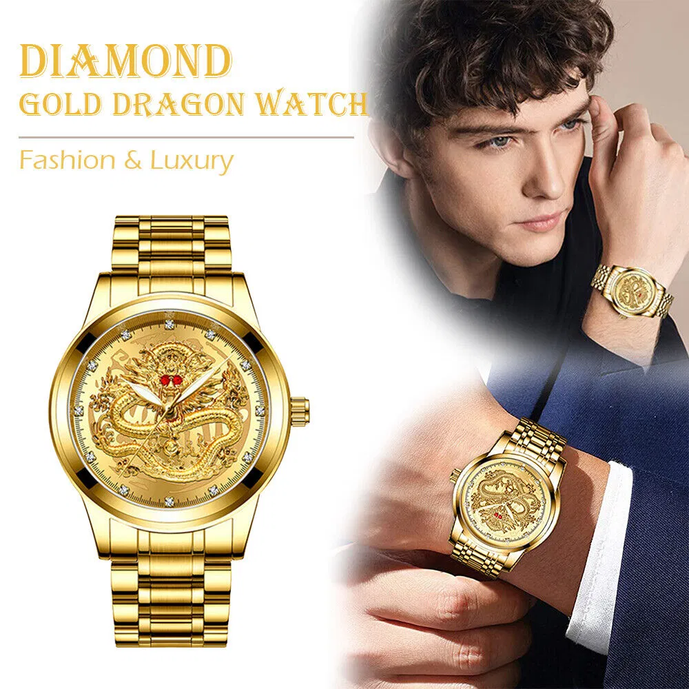 Gold Tone Mens Quartz Watch with Decorative Stone Accents and Stainless Steel Band