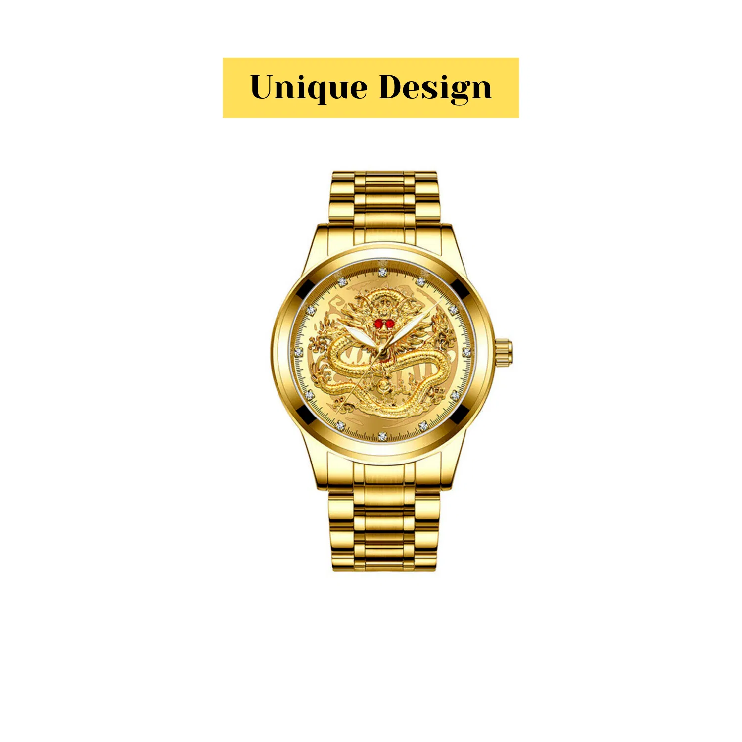 Gold Tone Mens Quartz Watch with Decorative Stone Accents and Stainless Steel Band