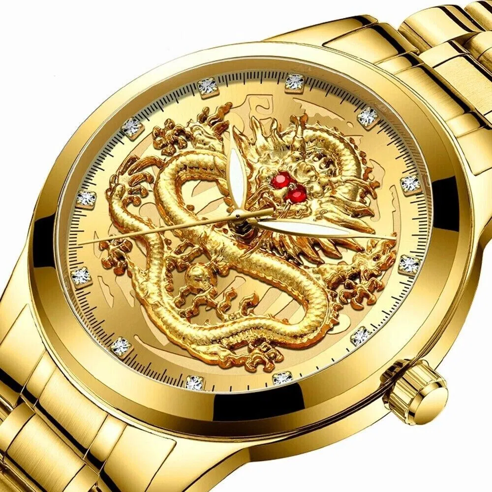 Gold Tone Mens Quartz Watch with Decorative Stone Accents and Stainless Steel Band