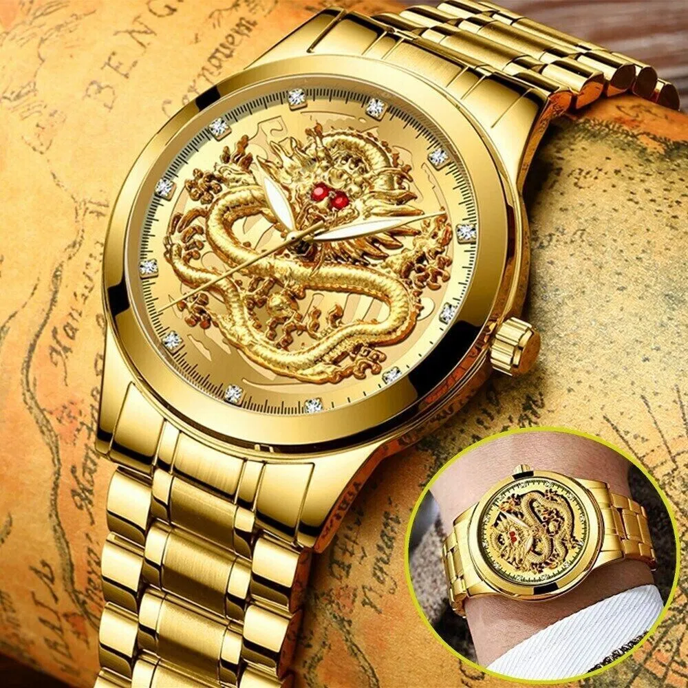 Gold Tone Mens Quartz Watch with Decorative Stone Accents and Stainless Steel Band