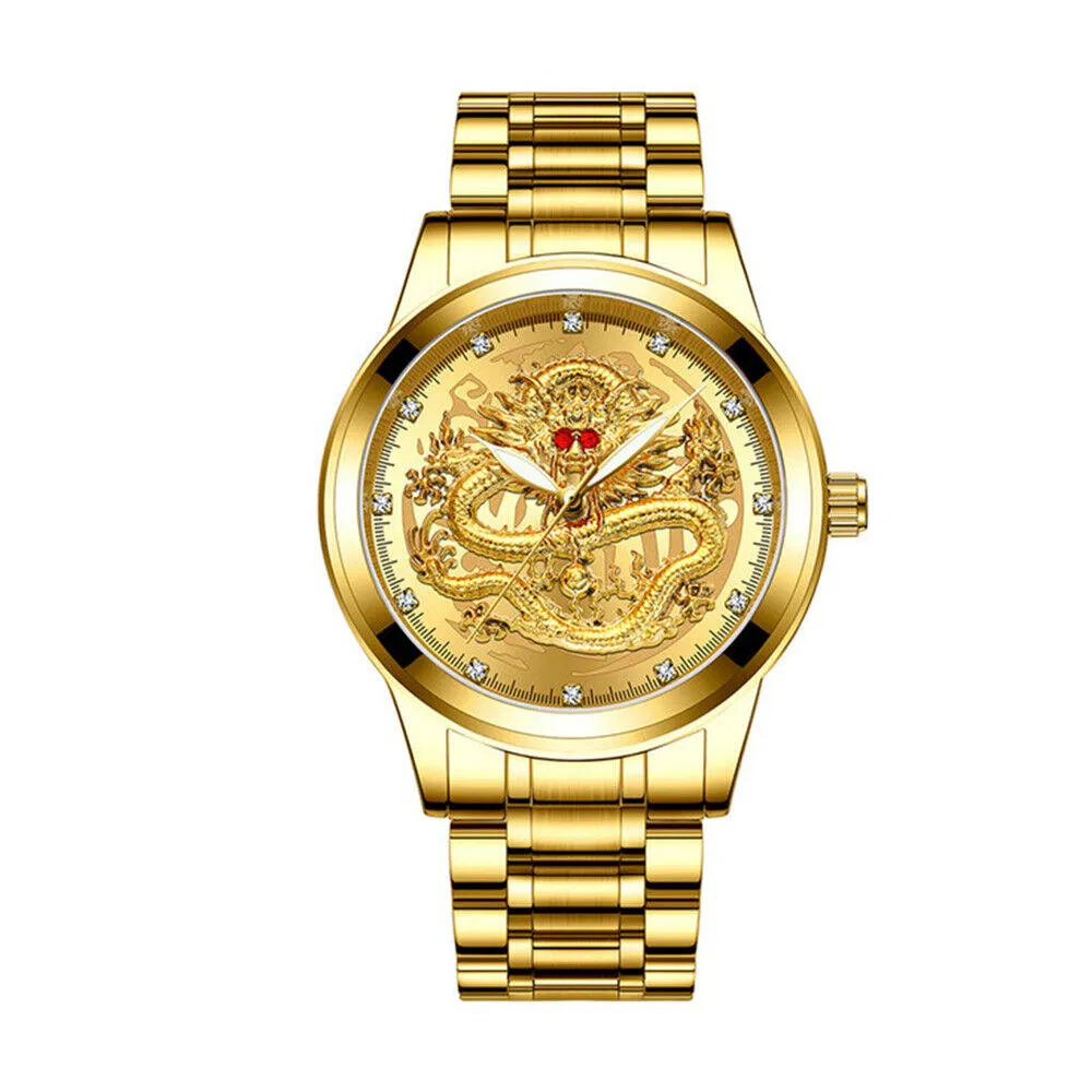 Gold Tone Mens Quartz Watch with Decorative Stone Accents and Stainless Steel Band