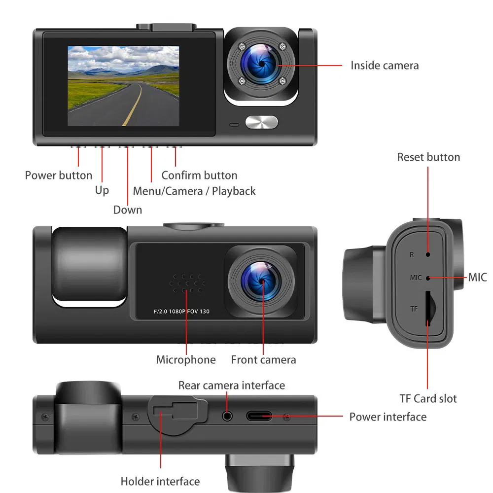 1080P Dual Lens Car Dash Camera with Front Rear and Interior Recording