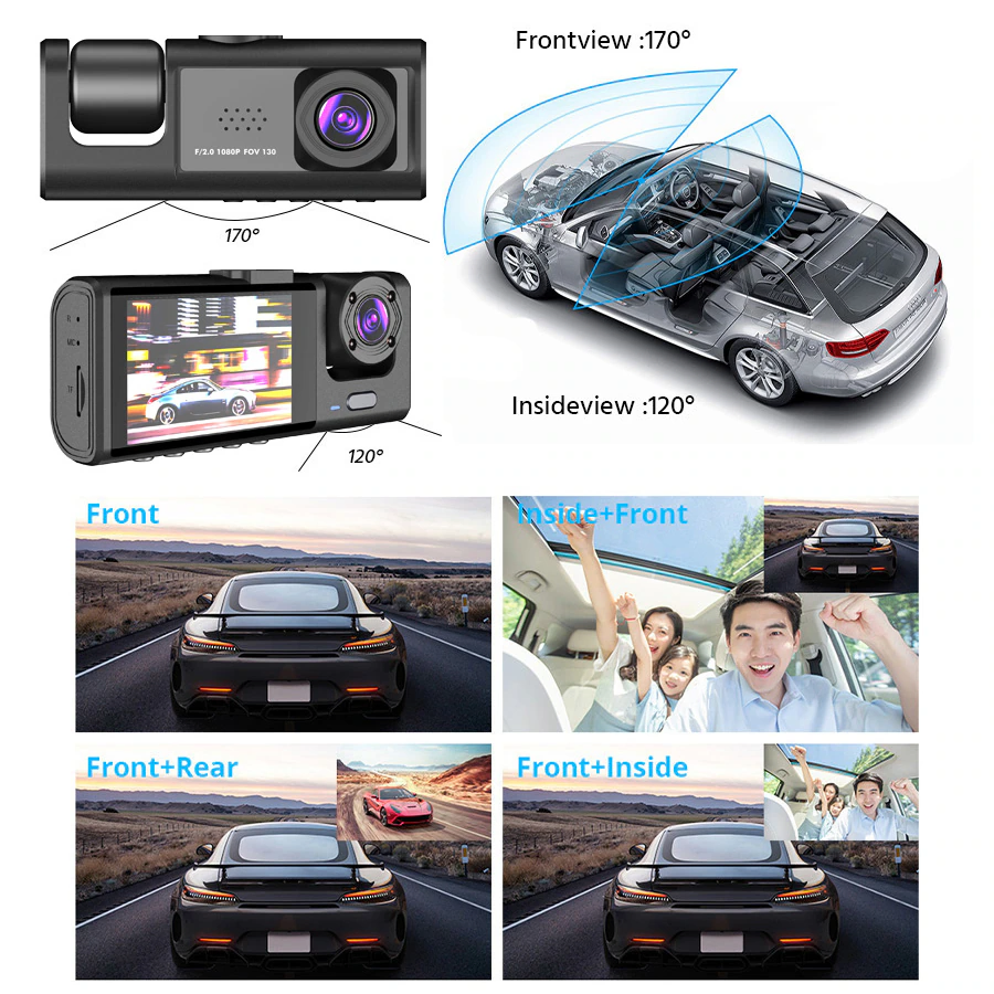1080P Dual Lens Car Dash Camera with Front Rear and Interior Recording