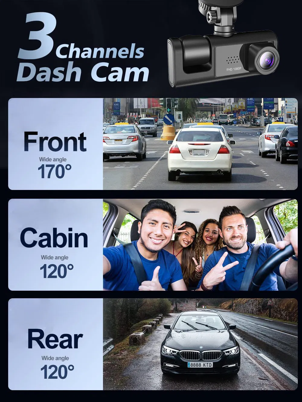 1080P Dual Lens Car Dash Camera with Front Rear and Interior Recording