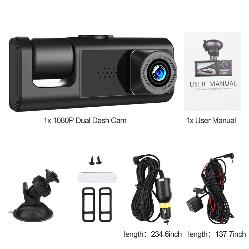 1080P Dual Lens Car Dash Camera with Front Rear and Interior Recording