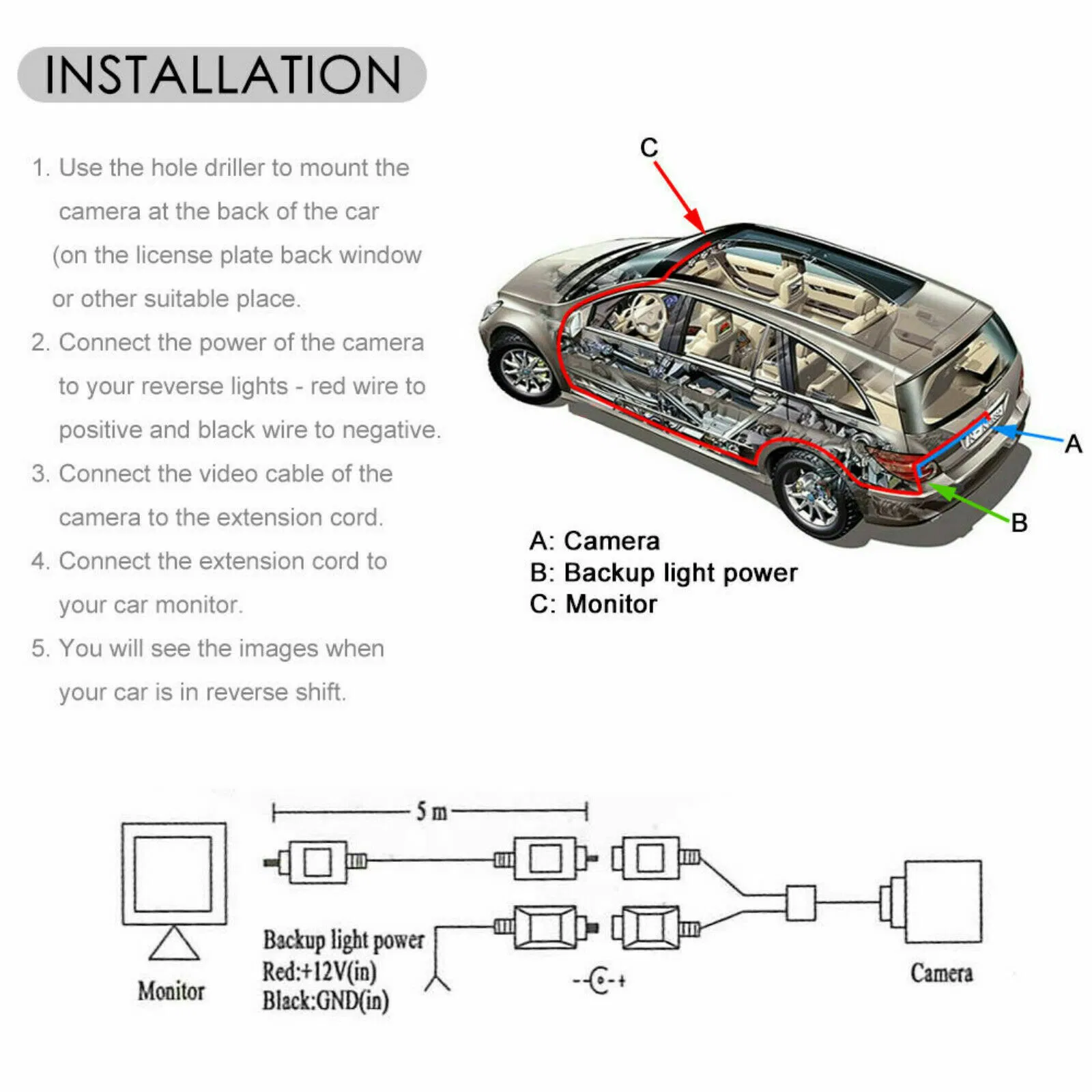170 Degree Waterproof Rear View Backup Camera with Night Vision