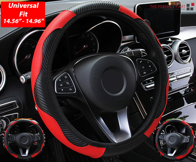 15 Inch Red Black Carbon Fiber Style PU Leather Steering Wheel Cover