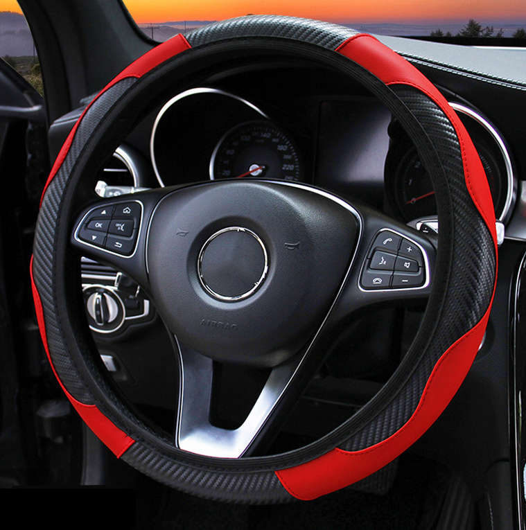 15 Inch Red Black Carbon Fiber Style PU Leather Steering Wheel Cover
