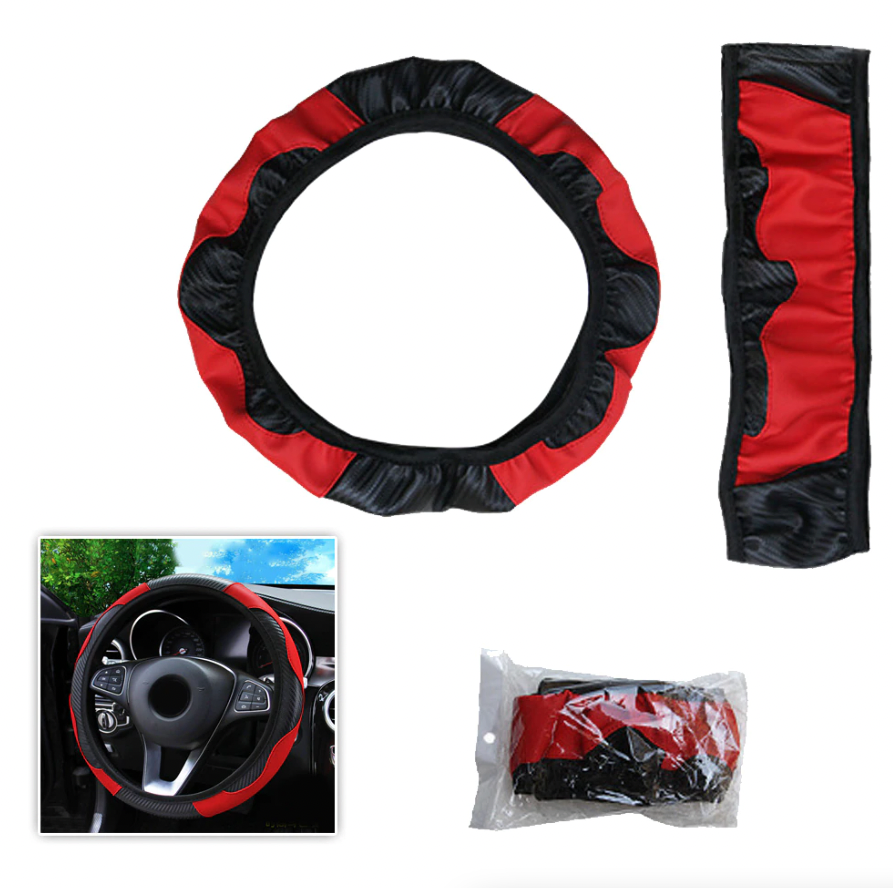 15 Inch Red Black Carbon Fiber Style PU Leather Steering Wheel Cover