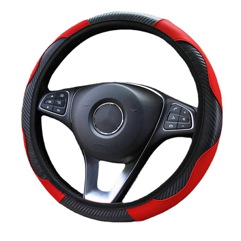 15 Inch Red Black Carbon Fiber Style PU Leather Steering Wheel Cover