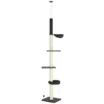 Cat Climbing Tower Floor to Ceiling 5-Tier Adjustable 95''-106'' with Hammock Scratching Post Toy Ball Black Cream
