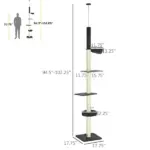 Cat Climbing Tower Floor to Ceiling 5-Tier Adjustable 95''-106'' with Hammock Scratching Post Toy Ball Black Cream - Image 3