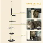 Cat Climbing Tower Floor to Ceiling 5-Tier Adjustable 95''-106'' with Hammock Scratching Post Toy Ball Black Cream - Image 6