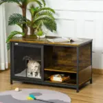 Cat Kennel End Table with Cushion Sliding Doors Wood Steel Pet Crate Rustic Brown - Image 2
