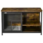 Cat Kennel End Table with Cushion Sliding Doors Wood Steel Pet Crate Rustic Brown - Image 11