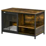 Cat Kennel End Table with Cushion Sliding Doors Wood Steel Pet Crate Rustic Brown