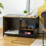 Cat Kennel End Table with Cushion Sliding Doors Wood Steel Pet Crate Rustic Brown - Image 10