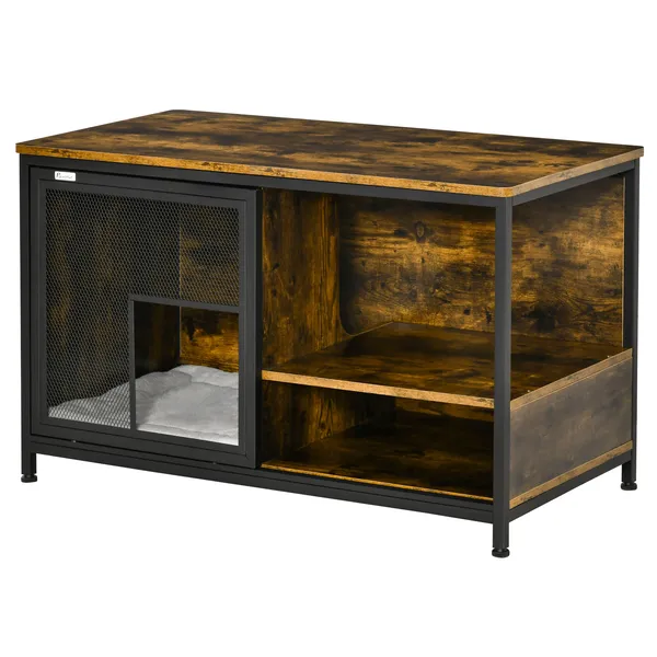 cat-kennel-end-table-with-cushion-sliding-doors-wood-steel-pet-crate-rustic-brown.webp Cat Kennel End Table with Cushion Sliding Doors Wood Steel Pet Crate Rustic Brown - Image 1