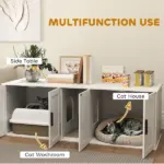 Cat Litter Box Enclosure with Double Room, Scratching Mat for 2 Cats, 57" x 19" x 20", White - Image 4
