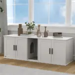 Cat Litter Box Enclosure with Double Room, Scratching Mat for 2 Cats, 57" x 19" x 20", White - Image 9