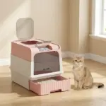 Cat Litter Box Hooded Cat Litter Tray with Drawer Pan Front Entry and Top Exit Easy Cleaning Pink - Image 7