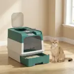 PawHut Cat Litter Box Hooded Cat Litter Tray with Drawer Pan Front Entry and Top Exit Easy Cleaning Teal - Image 7