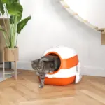 Cat Litter Box with Lid, Covered Litter Box withHigh Sides, Two-Way Entrance Kitty Litter Box, Foldable, Easy Clean, White and Orange - Image 2