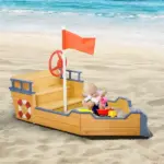 Outsunny Cedar Wood Kids Sandbox, Pirate Ship Play Boat with Bench Seats and Storage - Image 2