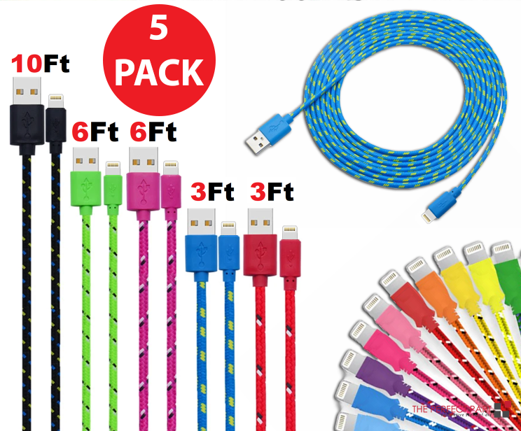 5 Pack USB-A to 8-Pin Nylon Braided Charging Cables, 3ft 6ft 10ft