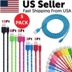 5 Pack USB-A to 8-Pin Nylon Braided Charging Cables, 3ft 6ft 10ft
