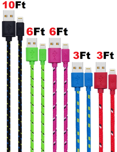 5 Pack USB-A to 8-Pin Nylon Braided Charging Cables, 3ft 6ft 10ft