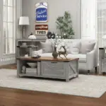 Coffee Table with Storage, Farmhouse Living Room Table with Storage Drawer and Open Shelf, Distressed Gray - Image 2