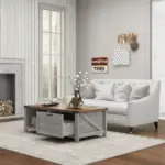 Coffee Table with Storage, Farmhouse Living Room Table with Storage Drawer and Open Shelf, Distressed Gray - Image 9