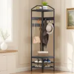 Corner Hall Tree, Industrial 4-Tier Coat Rack with Shoe Storage, 8 Movable Hooks and 2 Shelves for Hallway, Black - Image 2