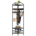 Corner Hall Tree, Industrial 4-Tier Coat Rack with Shoe Storage, 8 Movable Hooks and 2 Shelves for Hallway, Black - Image 11