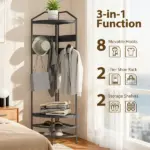 Corner Hall Tree, Industrial 4-Tier Coat Rack with Shoe Storage, 8 Movable Hooks and 2 Shelves for Hallway, Black - Image 4