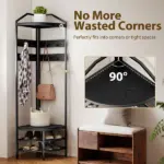 Corner Hall Tree, Industrial 4-Tier Coat Rack with Shoe Storage, 8 Movable Hooks and 2 Shelves for Hallway, Black - Image 5