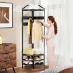 Corner Hall Tree, Industrial 4-Tier Coat Rack with Shoe Storage, 8 Movable Hooks and 2 Shelves for Hallway, Black - Image 7