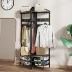 Corner Hall Tree, Industrial 4-Tier Coat Rack with Shoe Storage, 8 Movable Hooks and 2 Shelves for Hallway, Black - Image 8