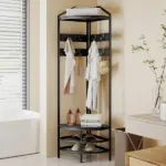Corner Hall Tree, Industrial 4-Tier Coat Rack with Shoe Storage, 8 Movable Hooks and 2 Shelves for Hallway, Black - Image 9