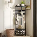 Corner Hall Tree, Industrial 4-Tier Coat Rack with Shoe Storage, 8 Movable Hooks and 2 Shelves for Hallway, Black - Image 10