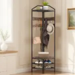 HOMCOM Corner Hall Tree, Industrial 4-Tier Coat Rack with Shoe Storage, 8 Movable Hooks and 2 Shelves for Hallway, Rustic Brown - Image 2