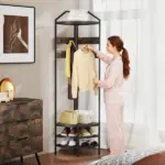 HOMCOM Corner Hall Tree, Industrial 4-Tier Coat Rack with Shoe Storage, 8 Movable Hooks and 2 Shelves for Hallway, Rustic Brown - Image 7